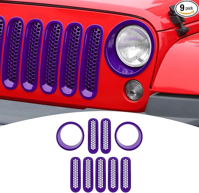 for Jeep JK Front Grille Inserts & Headlight Cover Trim Ring for Jeep Wrangler JK JKU 2007-2017 Purple Exterior Accessories 9pcs