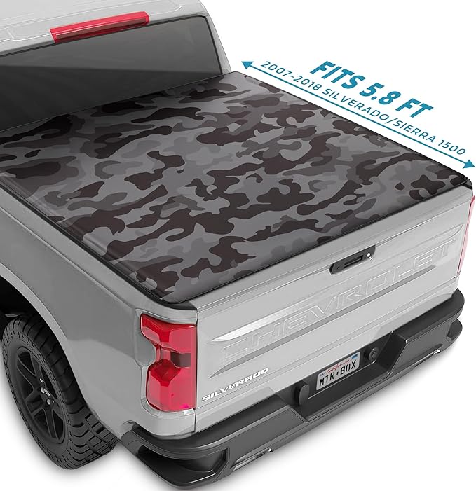 Camo Soft Roll-Up Truck Tonneau Cover for Chevy Silverado 1500 / GMC Sierra 1500 (2007-2018) with 5.8 ft Bed Length, All-Weather Retractable Truck Bed Cover with Black Camo Graphic