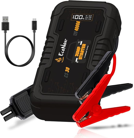 Econour 4000A Car Jump Starter – 12V Battery Booster Pack for Up to 10L Gas & 10L Diesel Engines, 25000mAh Portable Power Bank with 65W Fast Charging, LED Display, Jumper Cables & Emergency Flashlight