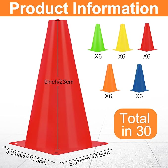30 Pieces 9 Inch Traffic Cones Plastic Sport Agility Training Safety Cones Soccer Practice Equipment for Basketball Football Drills Exercise, Outdoor Activity and Events