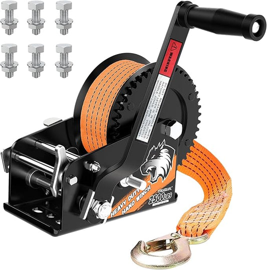23FT Strap Boat Trailer Winches，2-Way Ratchet System Designed for Heavy-Duty Applications. 2500 lbs Ideal for Towing Trucks, ATVs, RVs, and Jet Skis.