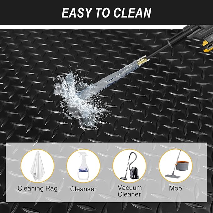 7.5x20 FT Garage Floor Mat, Flooring Roll with 20Pcs Tapes, 150 sqft Diamond Plate PVC Rubber Trailer Mat, Non-Slip Floor Mat for Garage, Warehouse, Gyms, Trailer, Pickup Truck (Black)