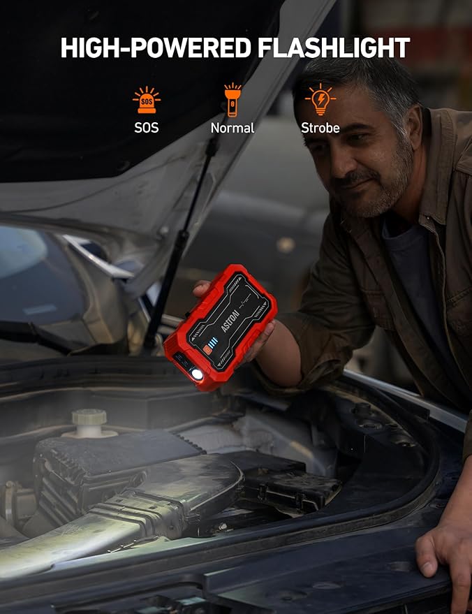 AstroAI S8 Pro Car Battery Jump Starter, 3000A Peak Jump Starter Battery Pack for Up to 9.0L Gas & 7.0L Diesel Engines, 12V Portable Jumper Box with 3 Modes Flashlight and Jumper Cables, Red