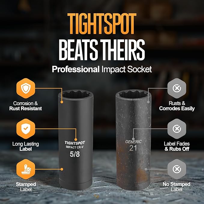TIGHTSPOT 1/2 Inch Drive 5/8 Inch Deep Impact Socket with Anti-Rounding 12 Point Design, Heat-Treated CRV Steel