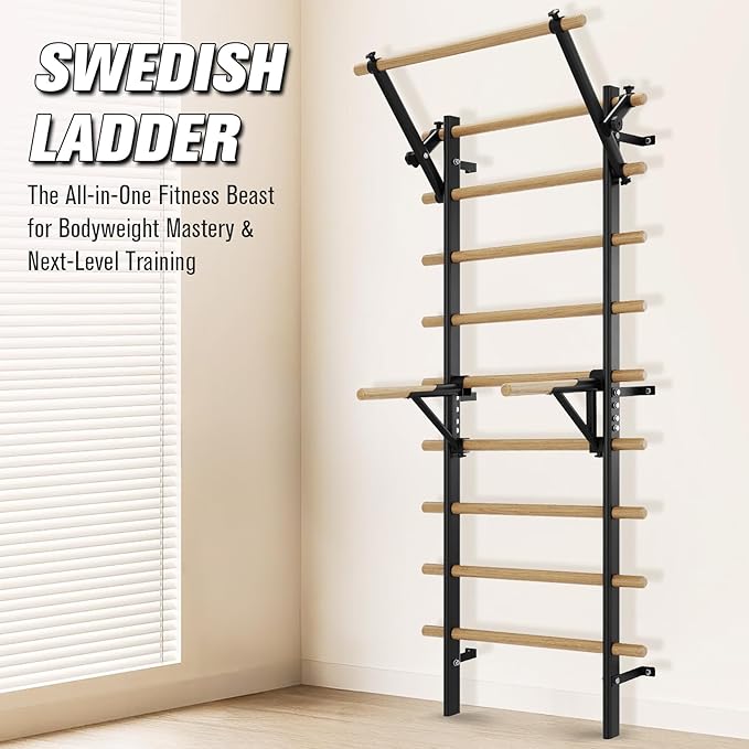 Swedish Ladder Wall Gym, Stall Bar Home Gym with Adjustable Pull-Up Bar, Dip Bar Attachments & 2pcs Resistance Band, 9 Strategic Rods for Core Strengthening and Stretching Balanced for Body Exercise
