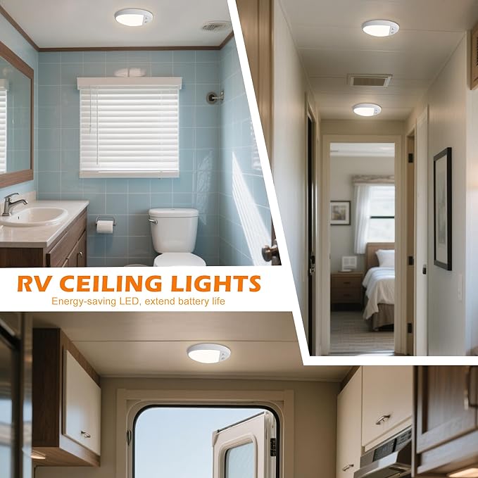 Facon 2Pack 12V DC RV Interior Light with PIR Motion Sensor & 3-Way Switch - Small Oval Pancake Ceiling Dome Light, 4000K Cool White, ETL Listed for RV, Motorhome, Camper, Boat