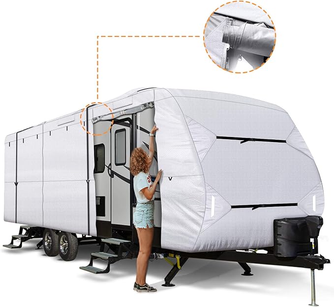 Leader Accessories Upgrade 210D 27'-30' L Travel Trailer RV Cover with Adhesive Repair Patch, Ripstop Diamond Camper Cover
