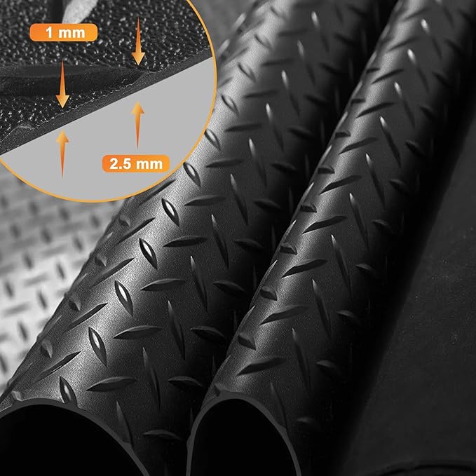 Boshen 7.5x17FT Garage Floor Mat, 2.5mm Thickened Diamond Plate PVC Rubber & Vinyl Flooring Roll, 127.5 SQFT Non-Slip Rubber Garage Mat for Floor Under Car Protection - Black