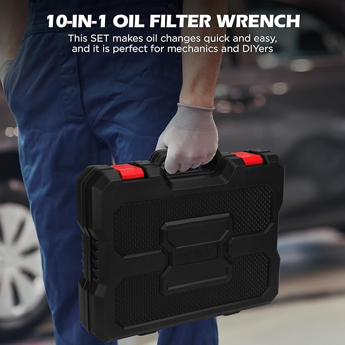 10-Piece Oil Filter Wrench Set 2-3/8"to 4-3/4", 12-Inch Adjustable Oil Filter Plier, Universal 3-Jaw Oil Filter Wrench, 1/2"Quick Release Ratchet Handle, 1/2"-3/8" Adapter, Towel in Storage Case