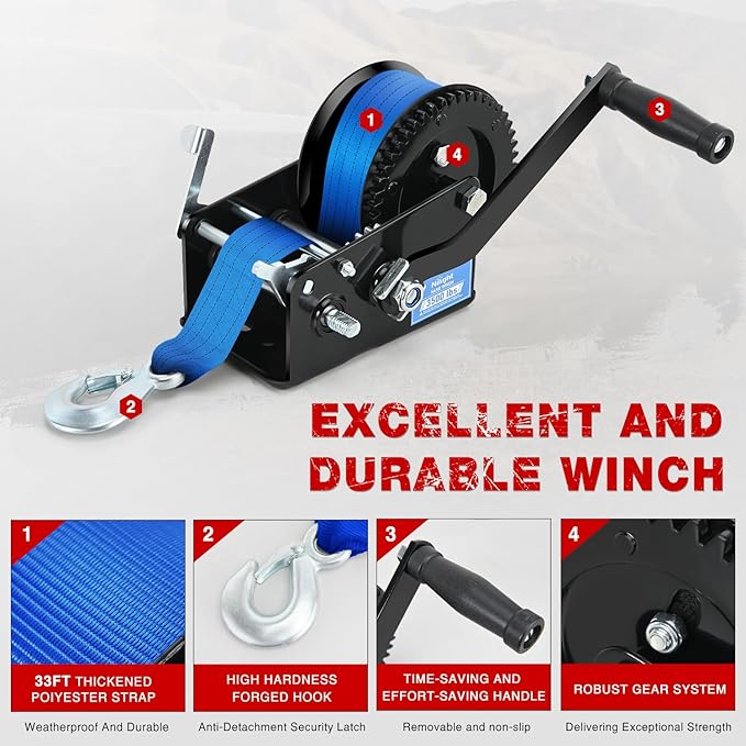 Nilight Boat Trailer Winch 3500 LBS Hand Crank Winch Heavy Duty Boat Winches with 33 FT Blue Strap Rope Hook Two Way Ratchet 4:1 8:1 Gear Portable Marine Manual Winch for Trailers Boat RV ATV Towing