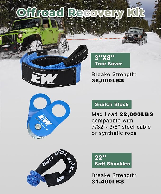 NIXFACE Off Road Recovery Kit | 3in x 8ft Night Glow Tree Saver | 10-Ton Snatch Block | Soft Shackles | Portable Storage Bag | Essential Tool Equipment for Recover Stuck Vehicle Winch Accessory