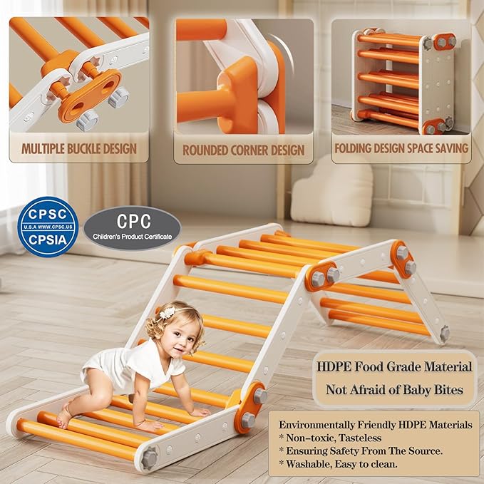 Toddler Climbing Toys,Kids Pikler Triangle Set,Montessori Indoor Play Gym,Multifunction Foldable Indoor Climbing Gym for Kids(Orange)