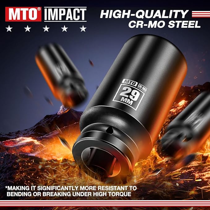 MTO 1/2" Drive 29mm Deep Impact Socket, 6 Pt. Metric Socket, CR-MO Steel & Anti-Corrosion Coating for Heavy-Duty Use