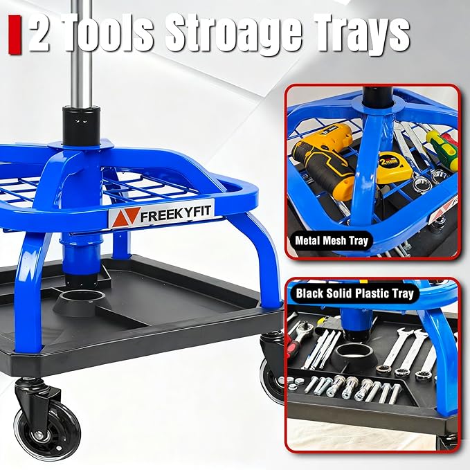 Rolling Shop Stool with Wheels, Garage Work Mechanic Stool with Backrest, Roller Mechanic Chair, Adjustable Height, 360° Swivel, Tool Tray Storage, 330 LBS Capacity, Heavy Duty, Blue