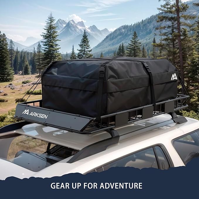 ARKSEN 64 x 39 x 5 Inch Universal Roof Rack with Waterproof Bag, Cargo Net & 2 Ratchet Straps - Upgrade 150Lbs Capacity Heavy Duty Rooftop Cargo Carrier with Extension for Car, SUV & Pickup
