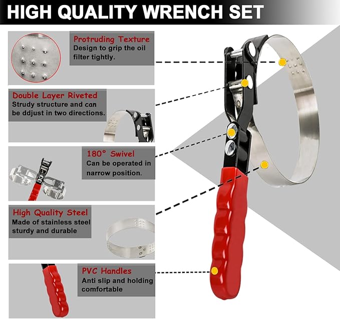 10PCS Oil Filter Wrench Set, 9" & 12" Oil Filter Pliers, 3 Jaw Oil Filter Wrench Tool with Oil Funnel for Oil Change Adjustable From 1-3/4" to 6"