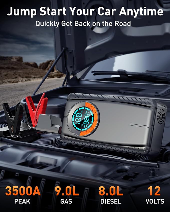 Jump Starter with Air Compressor, Car Battery Jump Starter (8.0 Gas/7.0L Diesel), Battery Jumper Starter Portable Jump Box, 12V Portable Car Jump Starter with Tire Inflator, LED Light (Model)