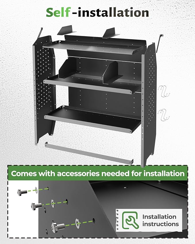 StarONE Cargo Van Shelving Storage Fit for Transit Connect 2014+,NV200,Chevy City Express, Promaster City with S-Shaped Hooks,Black,Steel,32" W x 43" H x 13" D