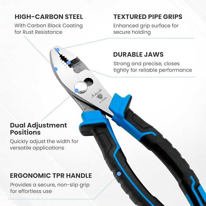 8-Inch Slip Joint Pliers, Alloy Steel with Swivel Rivet & Non-Slip TPR Handles, Strong Sharp Teeth for Plumbing, Automotive Repair, Tightening, Loosening, Gripping Nuts, Bolts, Pipes Adjustab