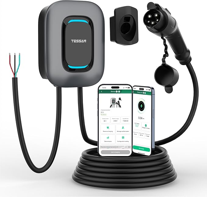 TESSAN Level 2 EV Charger, Hardwired Electric Vehicle Fast Charging Station, 48A/240V Smart Equipment App Control Wi-Fi （Only 2.4Ghz）& Bluetooth, 25ft Cable with Holder for Indoor Outdoor Home