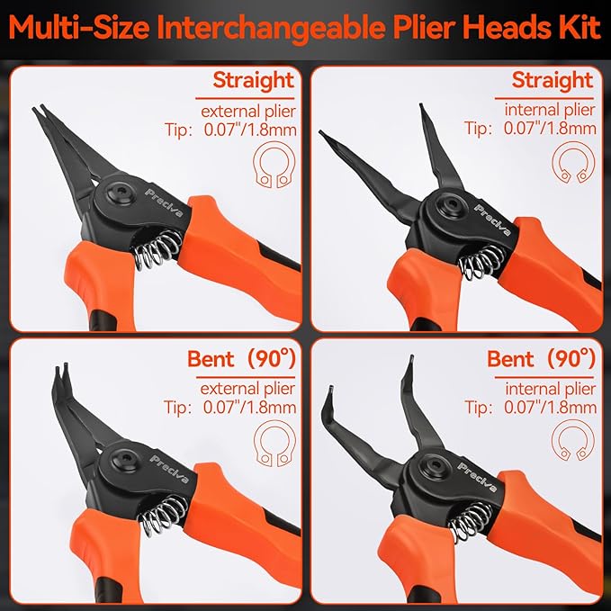Preciva Snap Ring Pliers Set - Internal/External Circlip Pliers with 4 Pcs Straight/Bent Jaws, Heavy Duty Retaining Ring Pliers for Bearing Installation and Removal