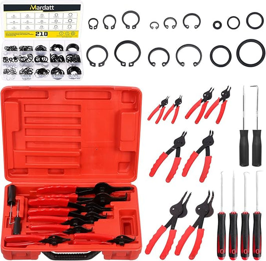 225Pcs Snap Ring Pliers Set Includes Straight & Bent Retaining Ring Pliers, 5 Sizes C-Clips External Internal Retaining Ring Set, Rubber Gaskets and Precision Hook Set for Lawnmowers