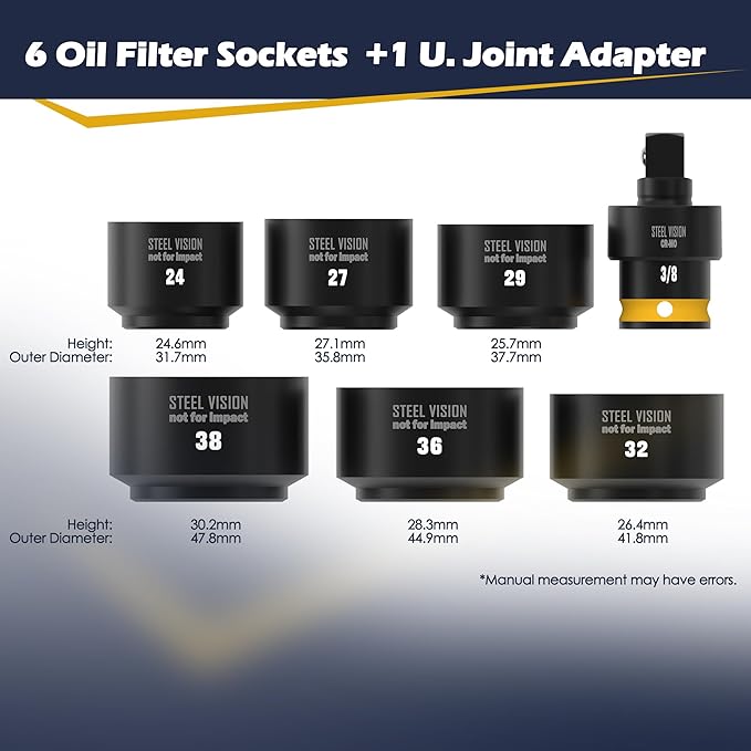 Steel Vision 7-Piece 3/8" Drive Low Profile Oil Filter Socket Set, U-Joint Swivel Socket Wrench Kit, Oil Filter Removal Tool for Ford, BMW, Audi, VW, Mini, Volvo, Porsche, Mercedes