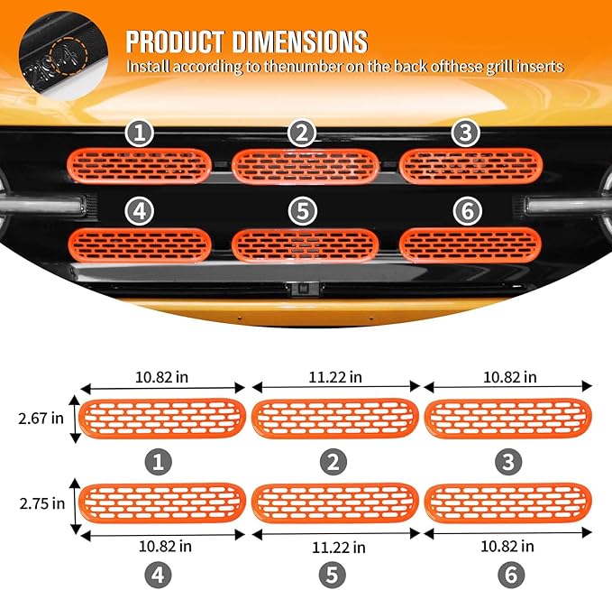 Jimen Compatible with Ford Bronco 2021-2023, 6PCS Front Grille Inserts Mesh Grill Cover Exterior Trim Accessories (Orange)