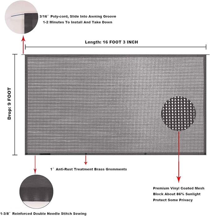Tentproinc RV Awning Sun Shade Screen 9' X 16' 3'' (Fit for 17' Awning) Mesh Sunshade for RV Awning Sunscreen Block UV Glare Motorhome Camping Trailer Awning Shadescreen - 3 Year Warranty (Brown)