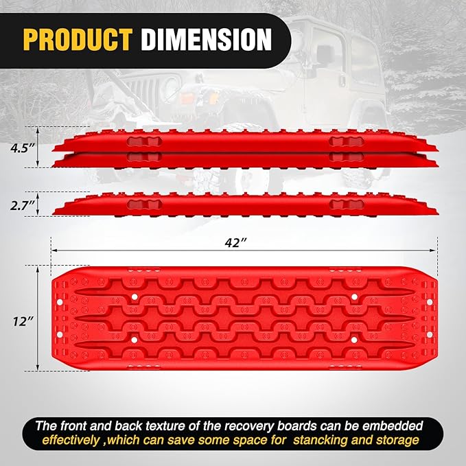 Nilight Recovery Off-road Traction Boards Emergency Tire Mats For 4WD 4X4 Mud Sand Snow with 2PCS Mounting kit Zipper Bag 2 leashes (Red)