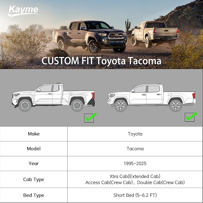 Kayme Heavy Duty Truck Cover Custom Fit Toyota Tacoma(1995-2025) Xtra Cab/Access Cab/Double Cab SB Short Bed. Waterproof All Weather for Pickup, Full Exterior Covers Sun Rain UV Protection.