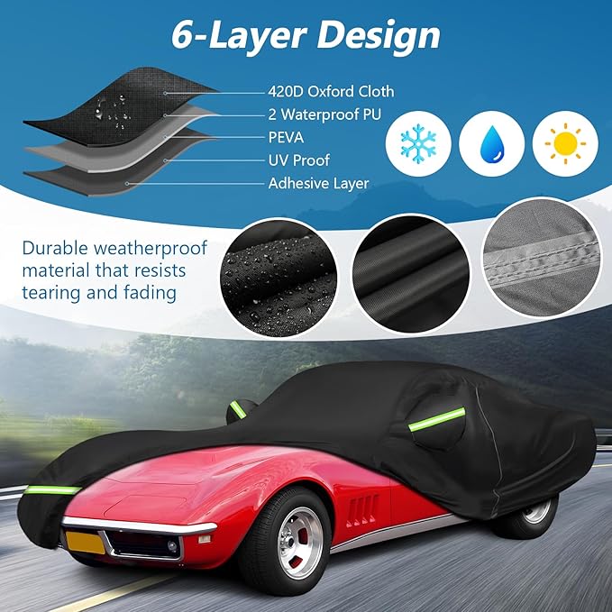 for C3 Corvette Car Cover Waterproof, Sun Heat Protection Outdoor Full Car Covers with Driver Side Zipper Windproof Heavy Duty All Weather Fit for C3 1968-1982 Chevy Corvette,Not for Rear Wing