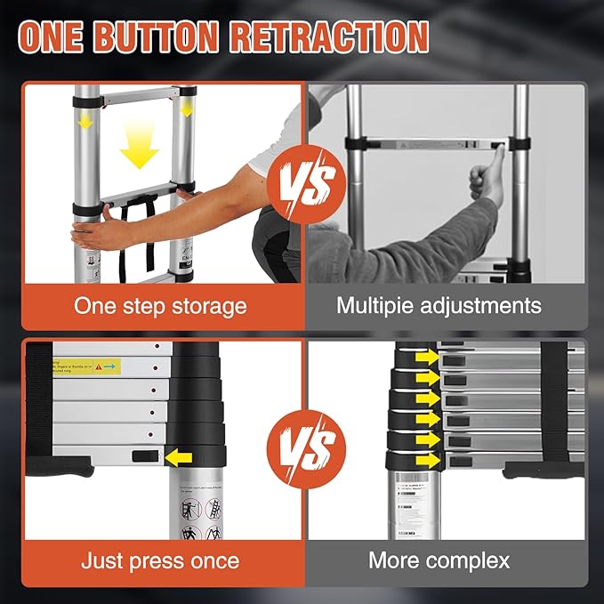 10.5 FT Aluminum Telescoping Ladder, One Button Retraction Extension Ladder, 375 lbs Load Capacity with Non-Slip Wide Feet, Compact Portable for Indoor Outdoor Use, RV, Attic and Roof Use