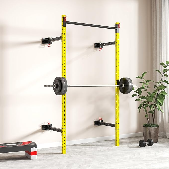 Soozier Folding Squat Rack with Adjustable Pull-Up Bar, 1000 Pounds Capacity Wall Mounted Power Rack, Adjustable Barbell Rack with J Hooks for Home Gym Full Body Workout