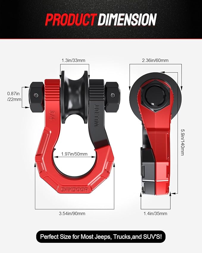DAYDOOR D Ring Shackles with Snatch Block, 45,000Lbs Break Strength Towing Winch Shackle, 3/4" Heavy Duty Shackles with 7/8" Screw Pin for Off Road Vehicle Recovery (2 Pack,Red)