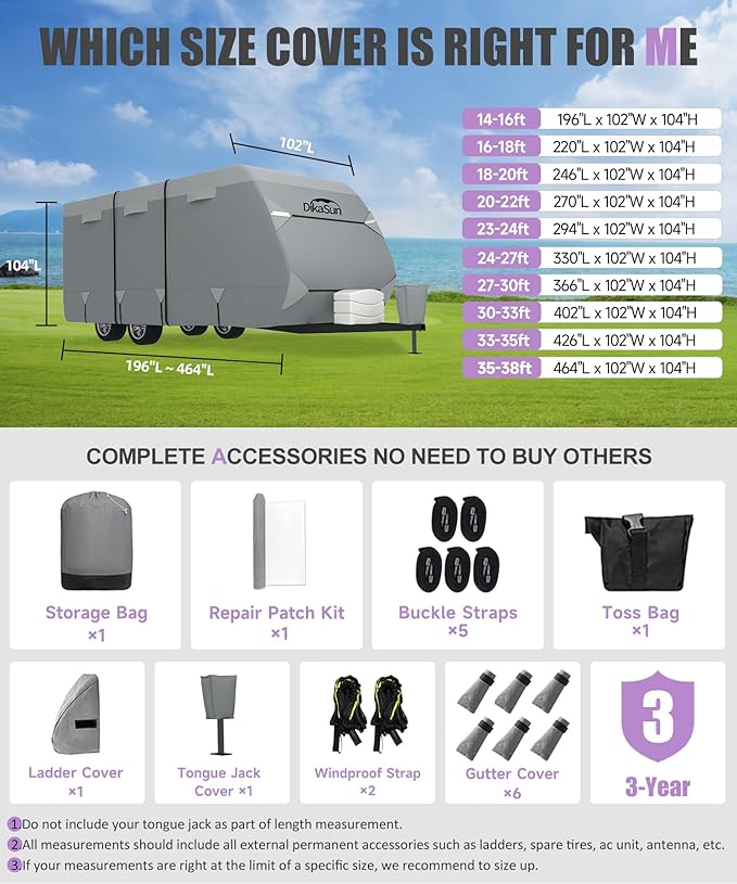Travel Trailer RV Cover 20-22 FT, 7 Layers Top Waterproof Camper Cover, Heavy Duty Toy Hauler RV Cover for Winter Snow with Tongue Jack Cover, Gutter Covers