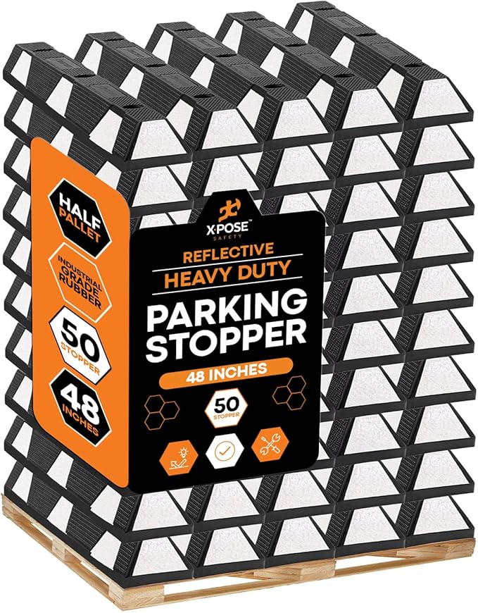 Xpose Safety 48" Heavy Duty Rubber Parking Stopper – Bulk Full Pallet 50 Pack Wheel Blocks for Garage, Driveway, or Ramp – Car Bumper Stop with White Reflective Strips – Removable Floor Mount