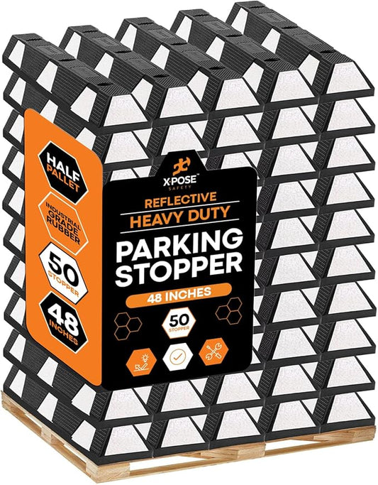 Xpose Safety 48" Heavy Duty Rubber Parking Stopper – Bulk Full Pallet 50 Pack Wheel Blocks for Garage, Driveway, or Ramp – Car Bumper Stop with White Reflective Strips – Removable Floor Mount