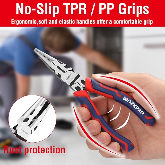 WORKPRO 4-Piece Pliers Set - Premium CR-V Construction Tool Set Including Long Nose, Diagonal Cutting, Groove Joint and Slip Joint Pliers - Red