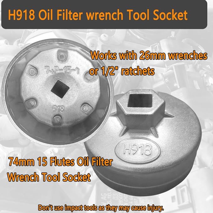 74mm 15-Flute 918 Oil Filter Wrench Tool Socket for AC Delco PF63E PF64, Fits Chevy Silverado 4.3L & Equinox 1.5L
