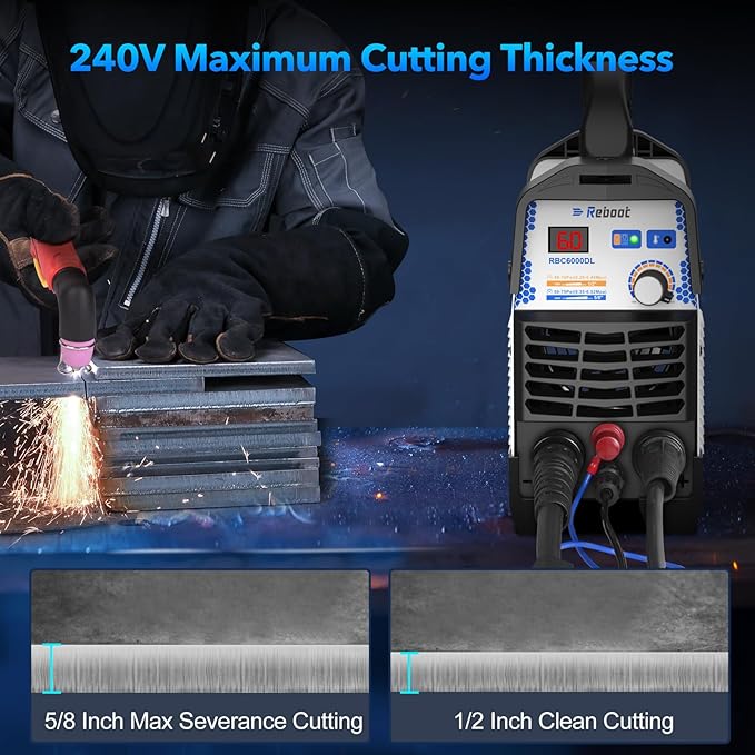 Reboot Plasma Cutter, 2025 Upgraded 60Amps Cutter Machine with 120/240V Dual Voltage DC Inverter IGBT 1/2 Inch Clean Cut for Beginners DIY and Small Business Projects