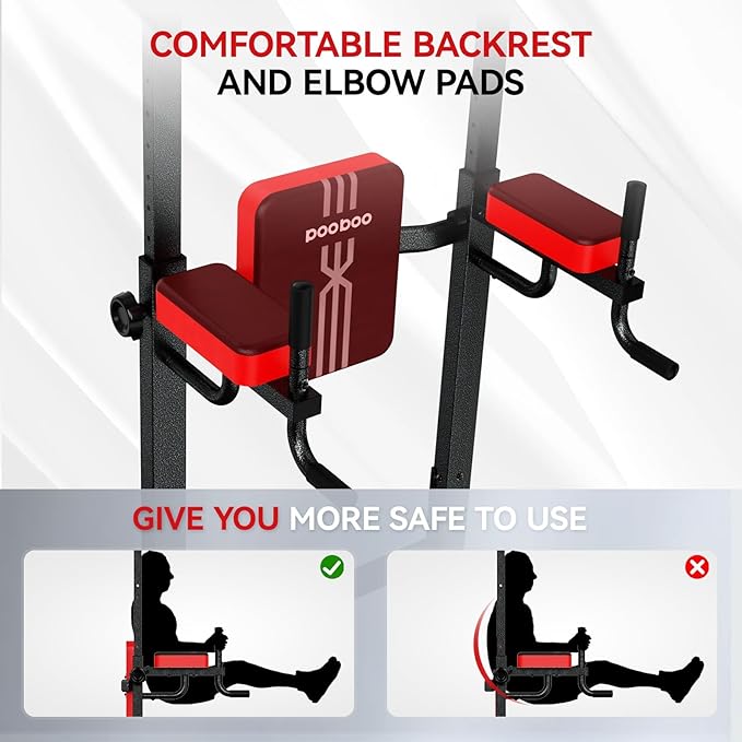 Power Tower Dip Station Pull Up Bar for Fitness Home Gym Workout,Multi-Function Adjustable Height Fitness Strength Training Exercise Equipment,with Power Elastic Ropes (Red Black)