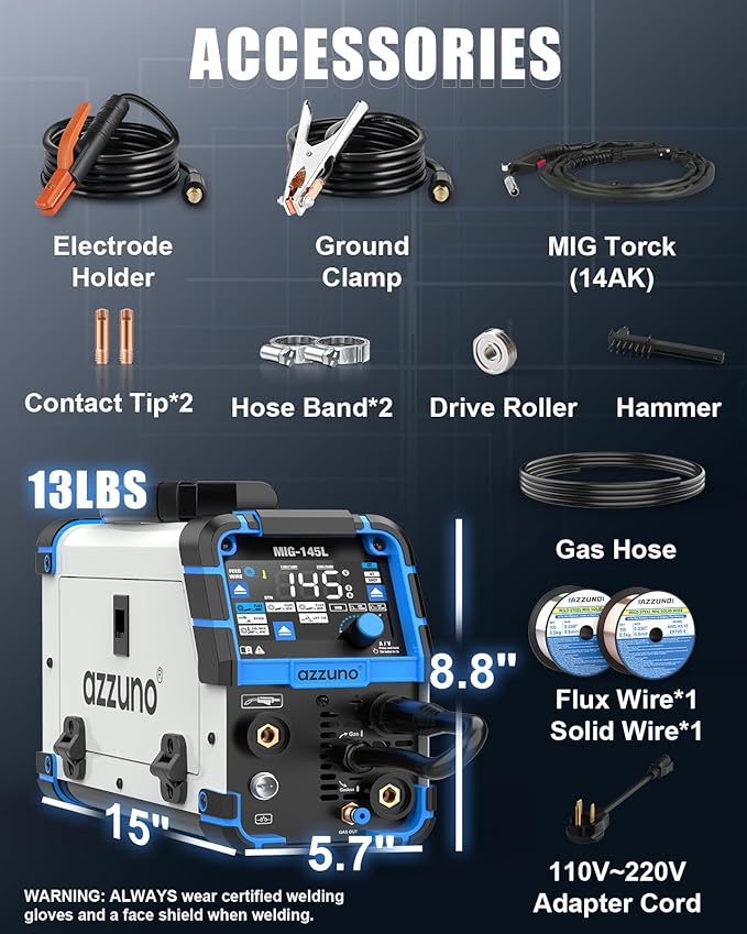 AZZUNO MIG Welder 145A, 110V/220V Dual Voltage 4 in 1 Gas/Gasless Flux Core MIG Welder/Lift TIG/Stick Welding Machine, Wire Feed Welder with Synergic Control
