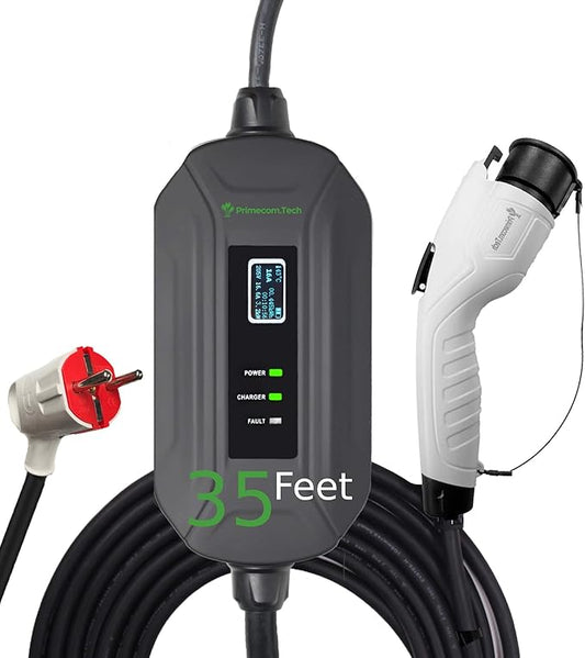 PRIMECOM Level 2 Electric Vehicle (EV) Charger (220V / 240Volt, 16Amp) Portable EVSE Smart Electric Car Charger, 30', 40', and 50 Feet Lengths (European, 35 Feet)