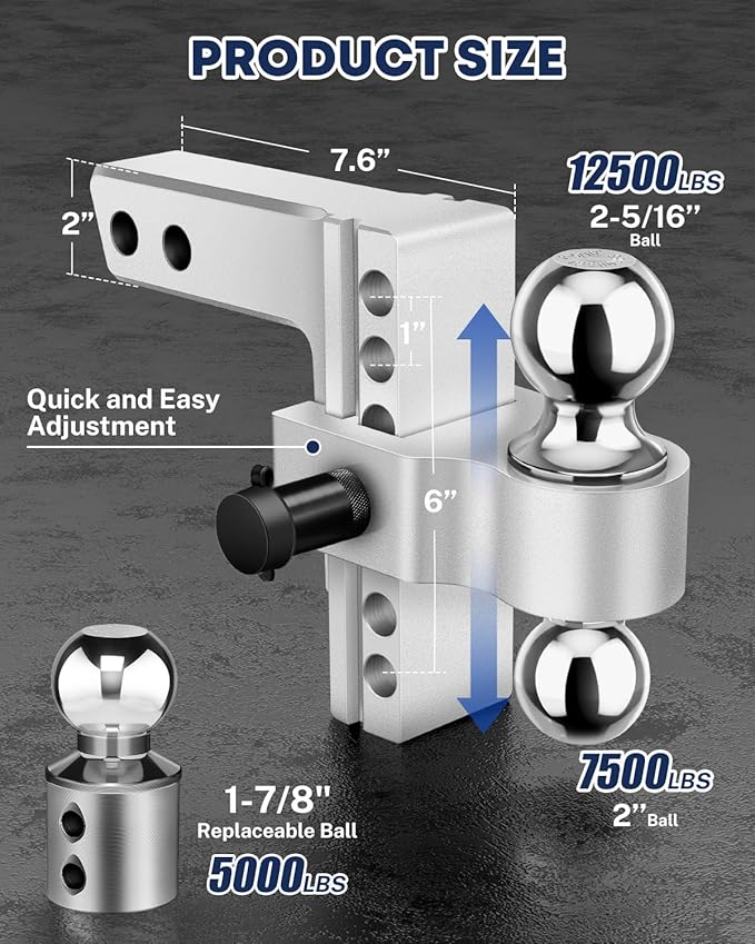 Kohree 6" Adjustable Trailer Hitch Kit Fit 2" & 2.5" Receiver, Drop Hitch with 3 Ball 1-7/8", 2", 2-5/16", 12500 LBS GTW Heavy Duty Tow Hitch with Anti-Theft Pins for Class III & IV Vehicles