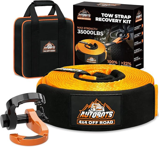 AUTOBOTS Tow Strap Heavy Duty 3" x 30 ft (35,000 lbs) with Shackle Hooks Winch Recovery Rope Towing Strap Offroad Recovery Kit for Jeep Truck Vehicle