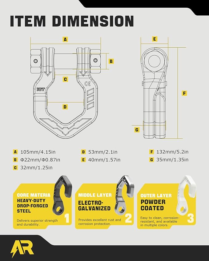 D Ring Shackles, 3/4" Separate Shackles with 7/8" Pin, Heavy Duty Recovery Shackle 57320lbs Break Strength, 4x4 Off-Road Recovery Towing Winch Shackles for Trucks, Black White 2-Pack