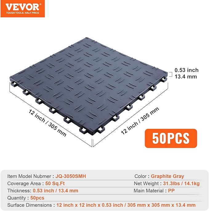 VEVOR Garage Tiles Interlocking, 12 x 12 x 0.53 inch 50 Pack Garage Floor Covering Tile, Non-Slip Double-Sided Texture Garage Flooring Tiles, for Garages, Basements, Repair Shops, Graphite Gray