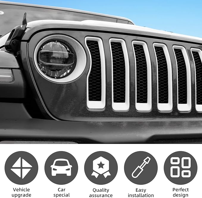 Grille Grill Insert+Headlight Turn Light Cover Compatible with 2018-2023 Jeep Wrangler JL JLU Sport/Sport S Only,Not for Sahara,Rubicon 4xe (White)