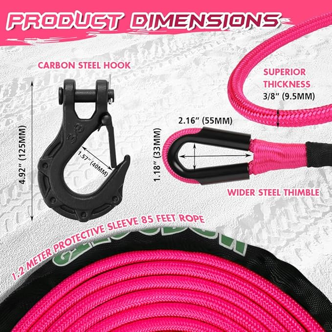Synthetic Winch Rope, 3/8'' x 85ft 25,000LBS Double Braided Synthetic Winch Line 3/8 Winch Cable Replacement Synthetic Rope with Forged Winch Hook for 4WD Off Road Vehicle SUV Truck(Pink)